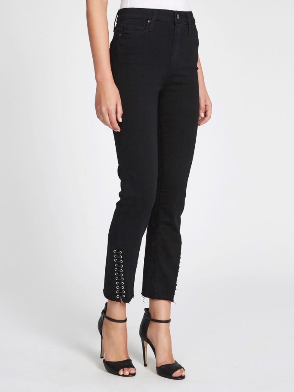 Paige | Jacqueline Straight High Rise Crop Twist Front Jeans Onyx Black Size 27